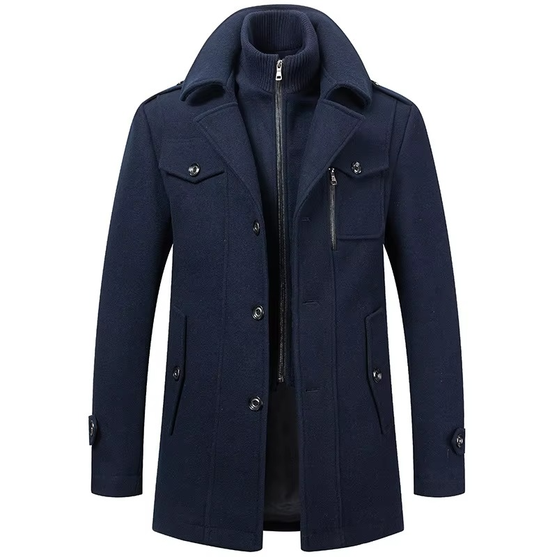 Manteau Trench Homme Mi Long En Laine Mélangée Avec Col Double Et Fermeture Éclair Sous Patte Pour Automne Hiver