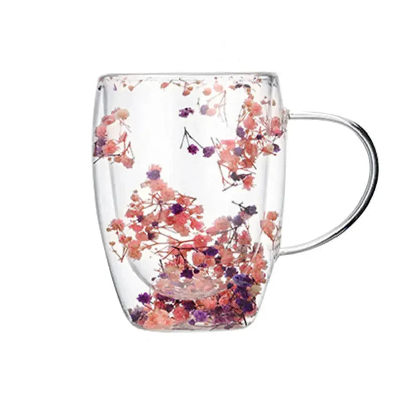 Mug En Verre Double Paroi Liora Petal Design Délicat Fleurs Séchées 350 Ml Pour Café Thé Chocolat Maison Bureau