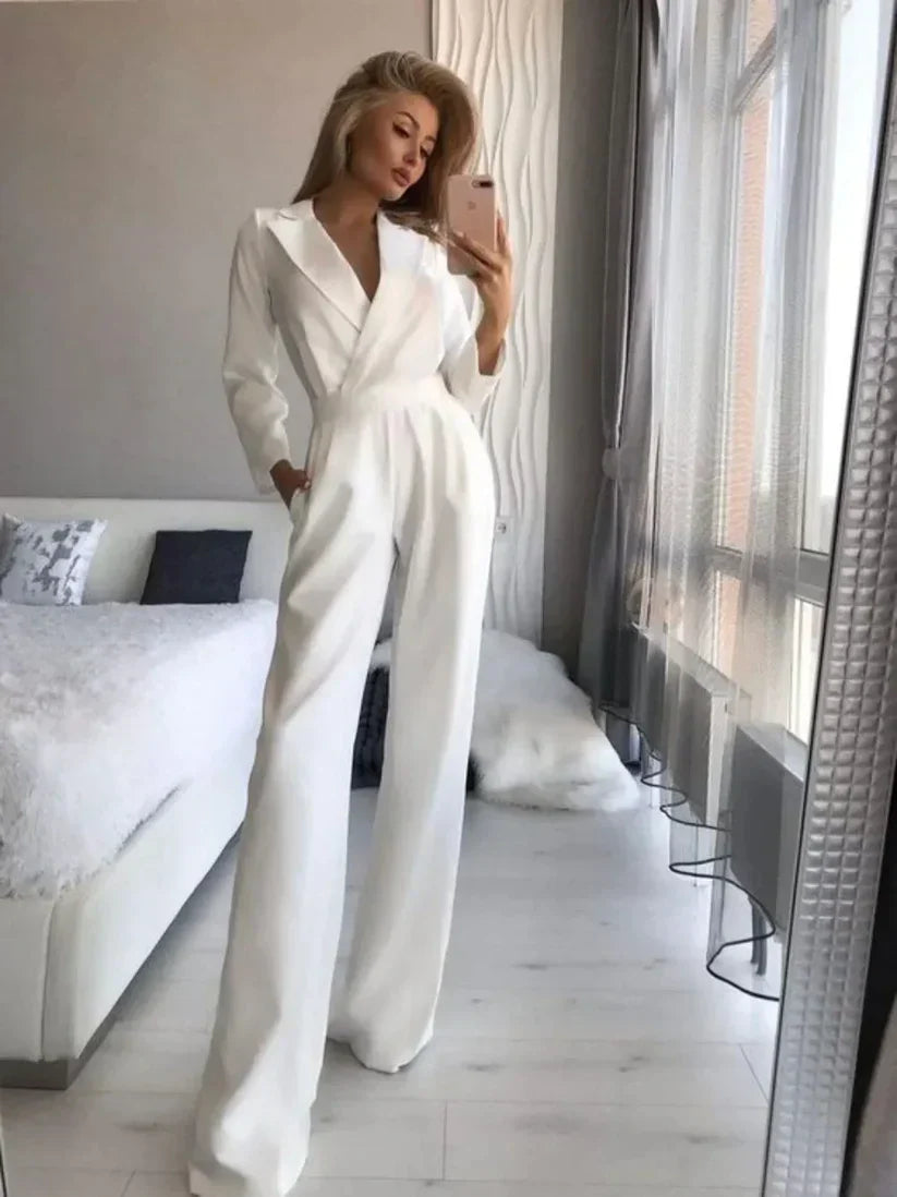 Combinaison Femme Élégante Coupe Sur Mesure Avec Encolure V Manches Longues Jambes Évasées