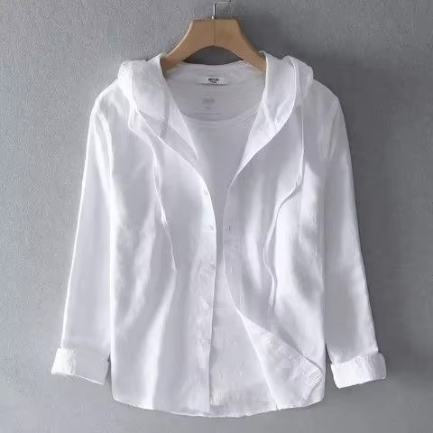 Amawinc Chemise Homme Été à Capuche Manches Longues Coton Lin Respirante Légère Décontractée