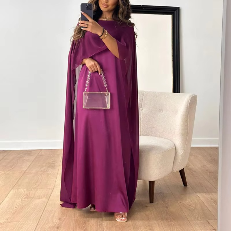 Robe Longue En Chiffon Élégante Pour Soirée Avec Manches Châle Fluides Et Drapé Confortable Amawinc