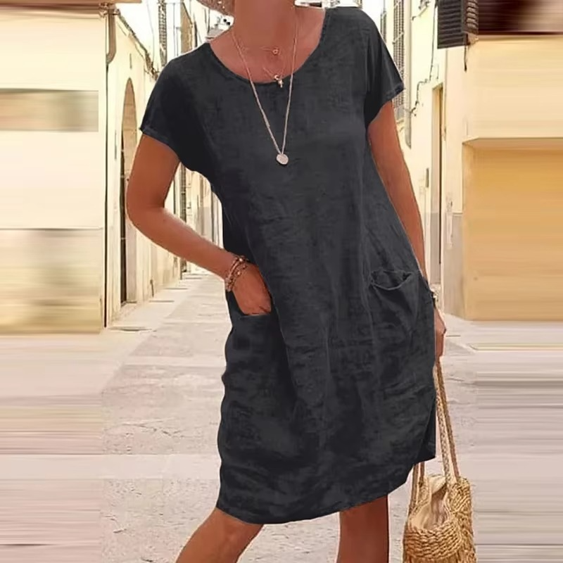 Robe Décontractée Pour Femme À Poches Couleur Unie Manches Courtes Été Style Sans Effort