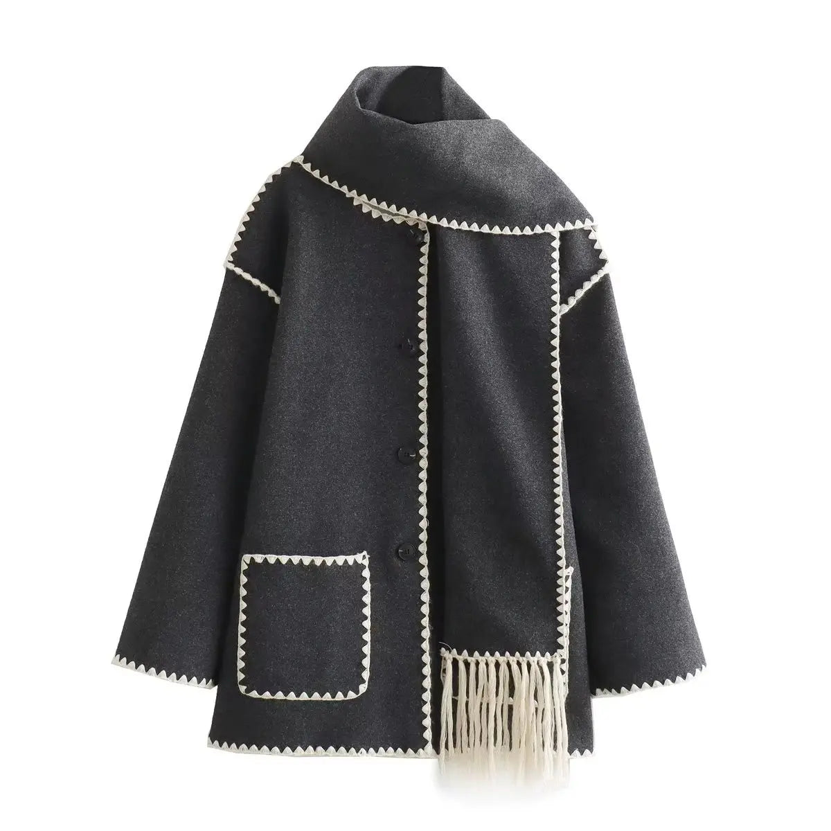 Calorin Manteau Français En Laine Mélangée Chaud Avec Écharpe Intégrée Et Surpiqûres Contrastées