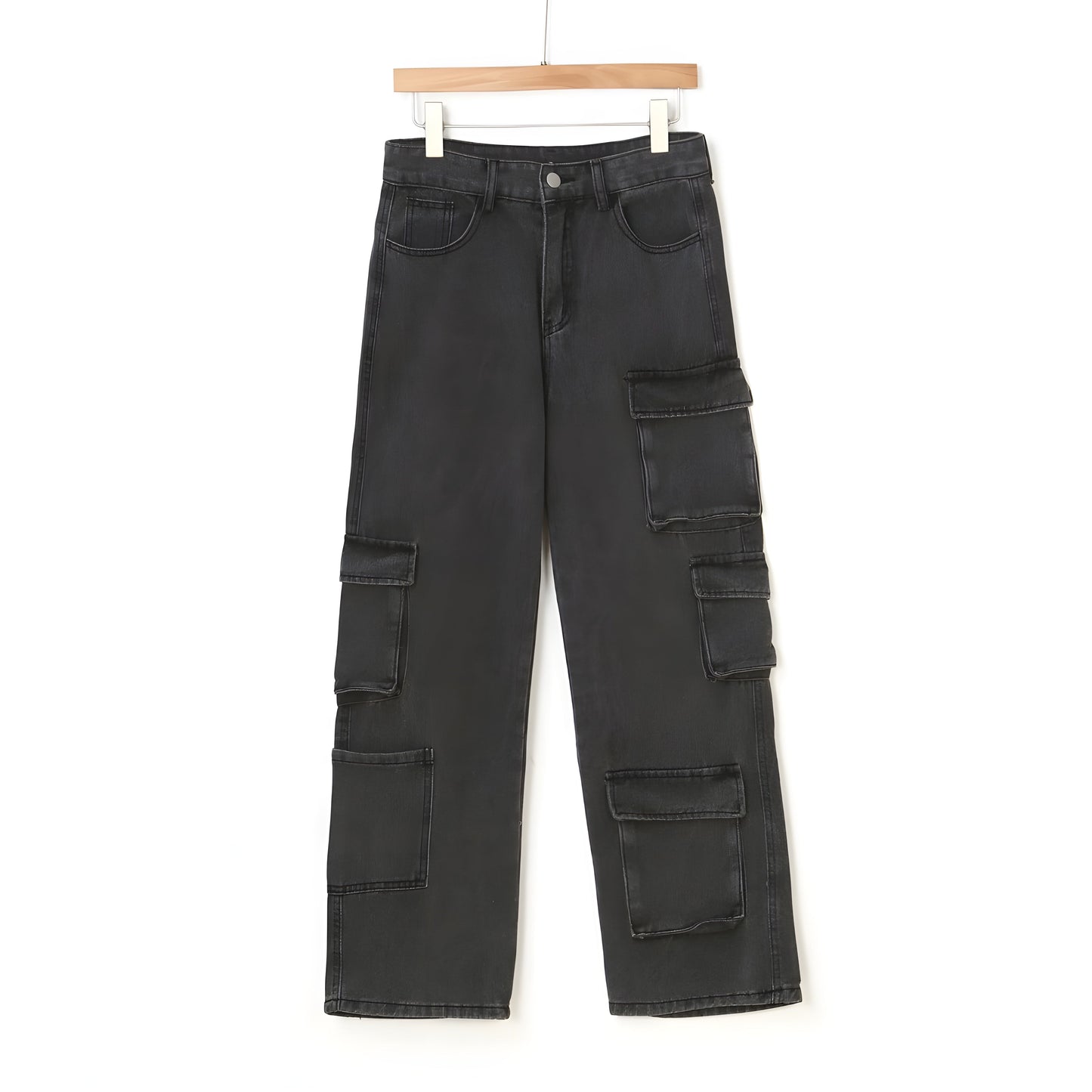Jean Denim Lavage Acide À Taille Haute Poches Cargo Coupe Large Streetwear Décontracté