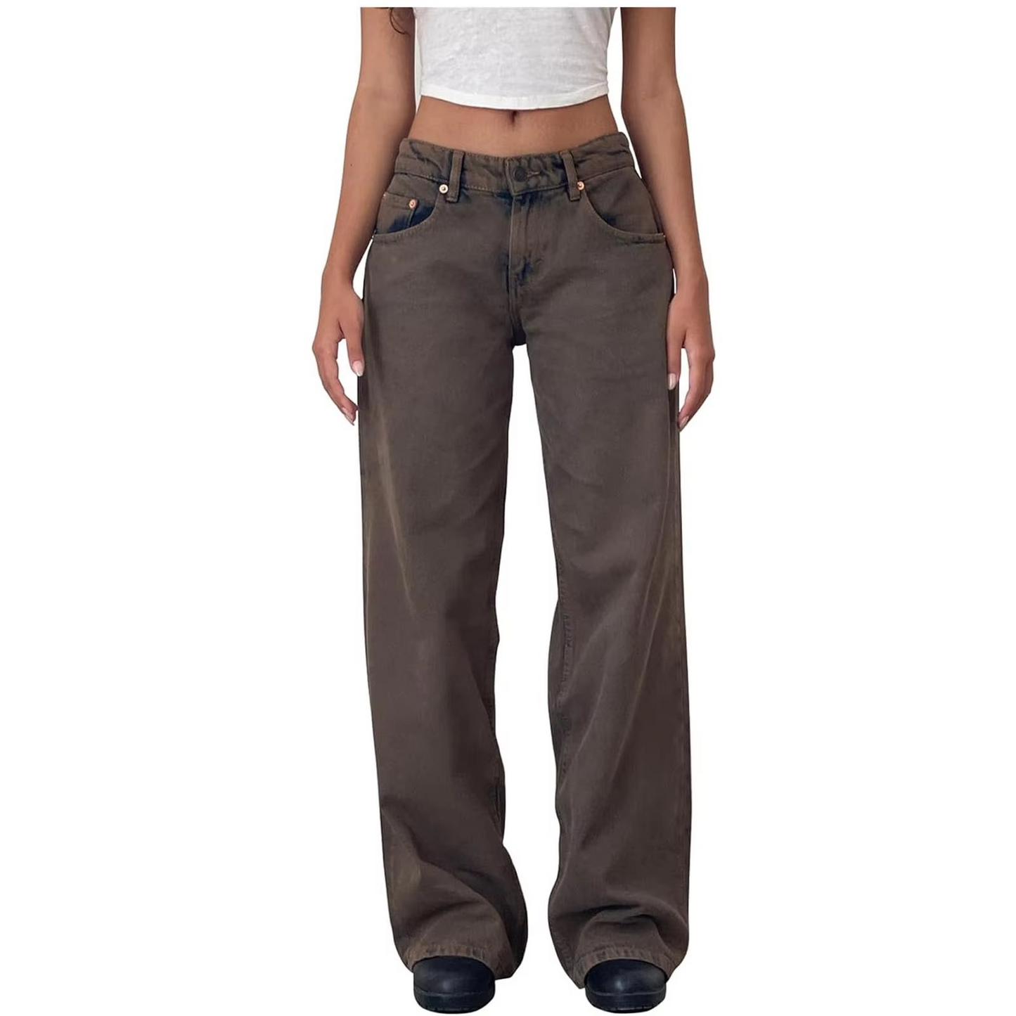 Jean Femme À Taille Moyenne Coupe Droite Vintage Lavé Pour Femmes Confort Durable Et Style Quotidien