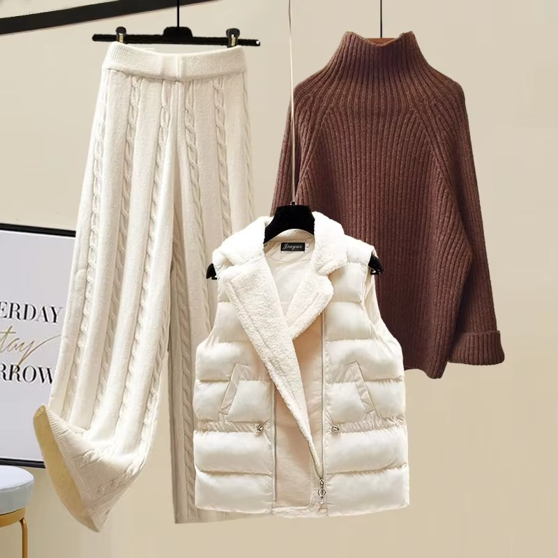 Ensemble Tricot Trois Pièces Pour Femme Avec Veste Col Roulé Pull Et Pantalon À Jambes Larges