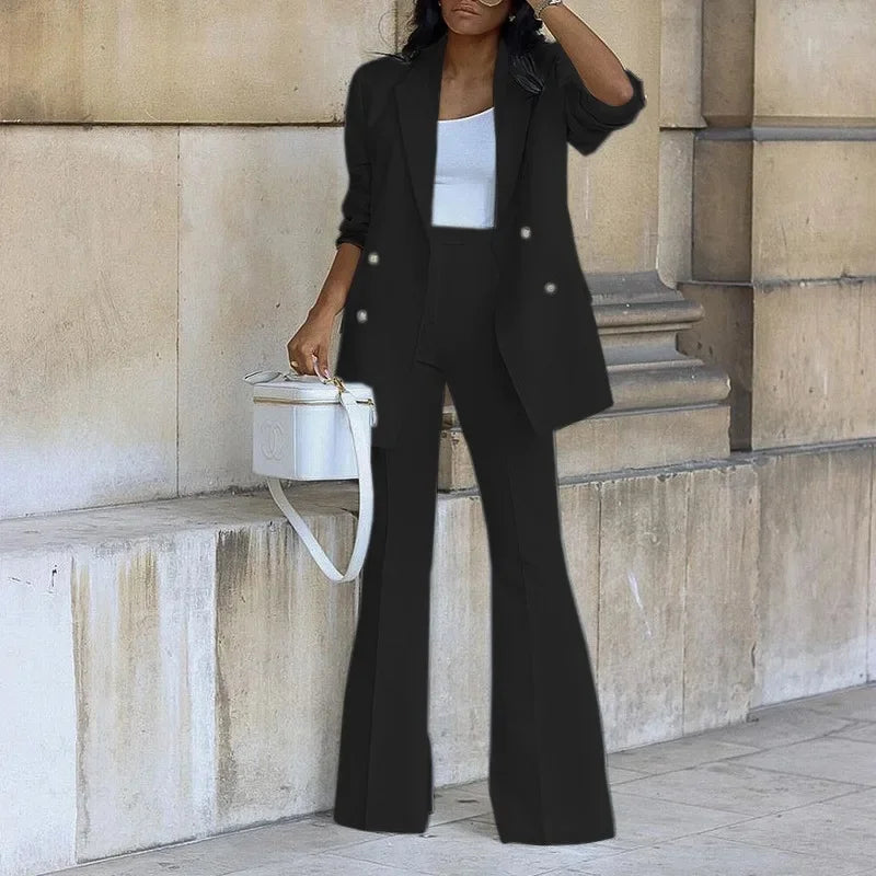 Ensemble Costume Chic Pour Femme Avec Veste Longue Taillée Et Pantalon À Taille Haute