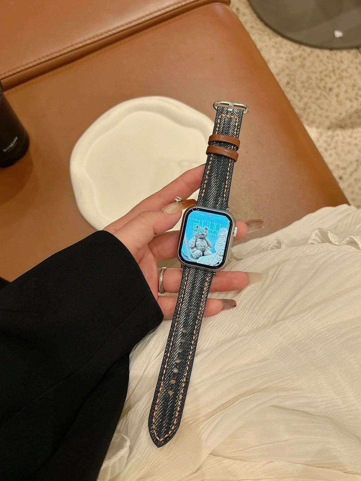 Bracelet Denim Pour Apple Watch Premium Délavé Aspect Naturel Confortable Ajustable Compatible Tous Modèles Durable