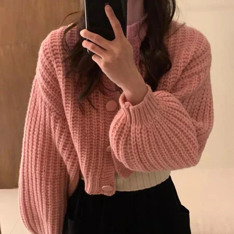Cardigan Femme En Laine Tricotée Coupe Ample Courte Manches Ballon Boutons Devant