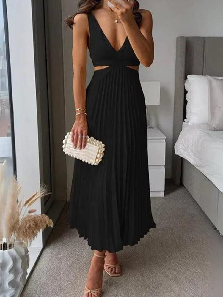 Robe Maxi Sans Manches Élégante Été Décolleté Profond En V Plissé Taille Haute Confortable