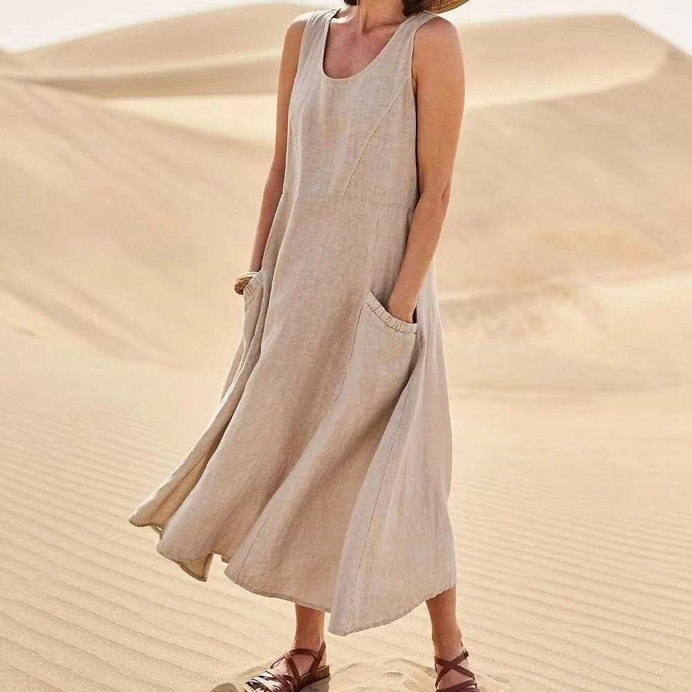Robe Maxi Sans Manches En Coton Lin Avec Poches Pour La Plage, Coupe Décontractée, Tailles S À 5XL Amawinc