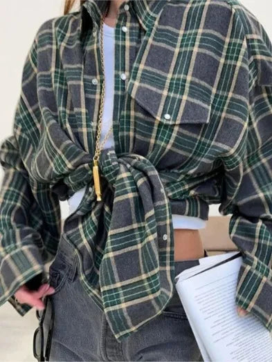 Chemise Oversized À Carreaux Pour Femme Manches Longues Avec Boutons Poches Poitrine Amawinc