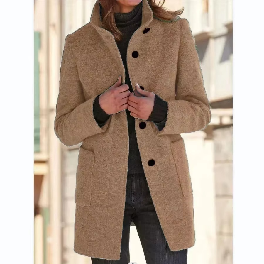 Manteau En Coton Pour Femme Printemps 2025 Noir Col Debout Décontracté Manches Longues Poches Boutonées