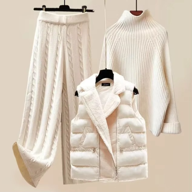 Ensemble Trois Pièces Pull Col Haut En Maille Douce Et Pantalon Large Pour Femme Amawinc Chic