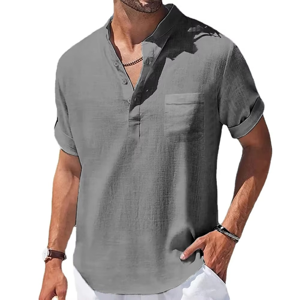 Chemise Henley Homme Été En Coton Lin Manches Courtes Décontractée Respirante Légère Marine