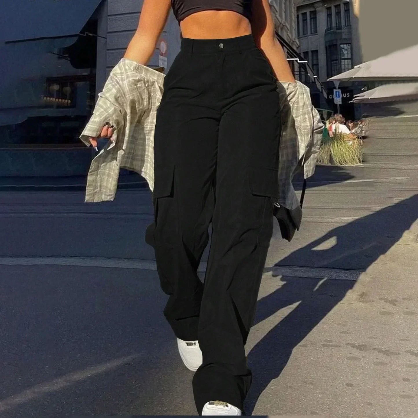 Kate Pantalon Cargo Femme Taille Haute À Jambe Évasée Avec Poches Cargo Pratiques