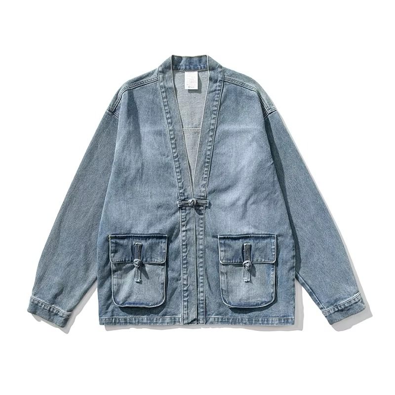 Amawinc Veste Kimono Denim Vintage Pour Homme Avec Poches Frontales Style Chinois Bouton Jeans Streetwear