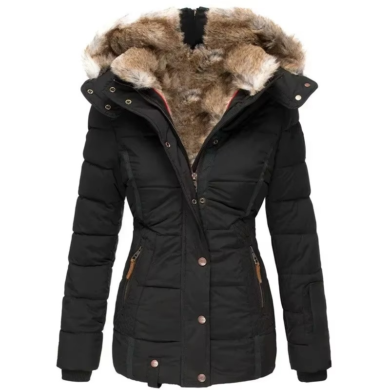 Manteau Femme En Coton À Capuche Coupe Slim Avec Col En Laine Pour Un Style Chic Et Chaud