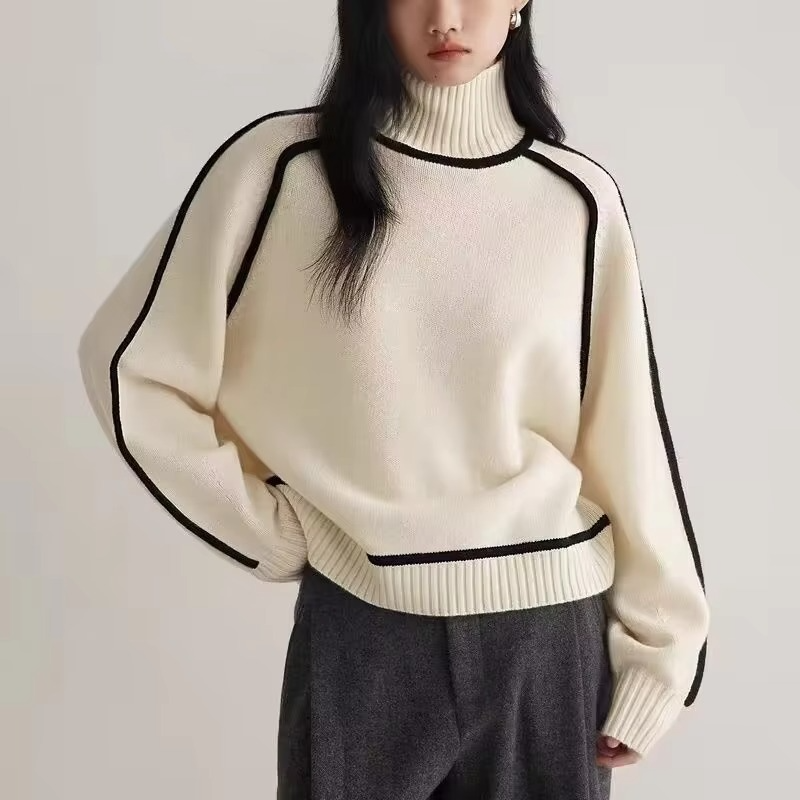 Pull Col Roulé À Rayures Femme Tricot Décontractée Manche Longue Chaud Et Élégant