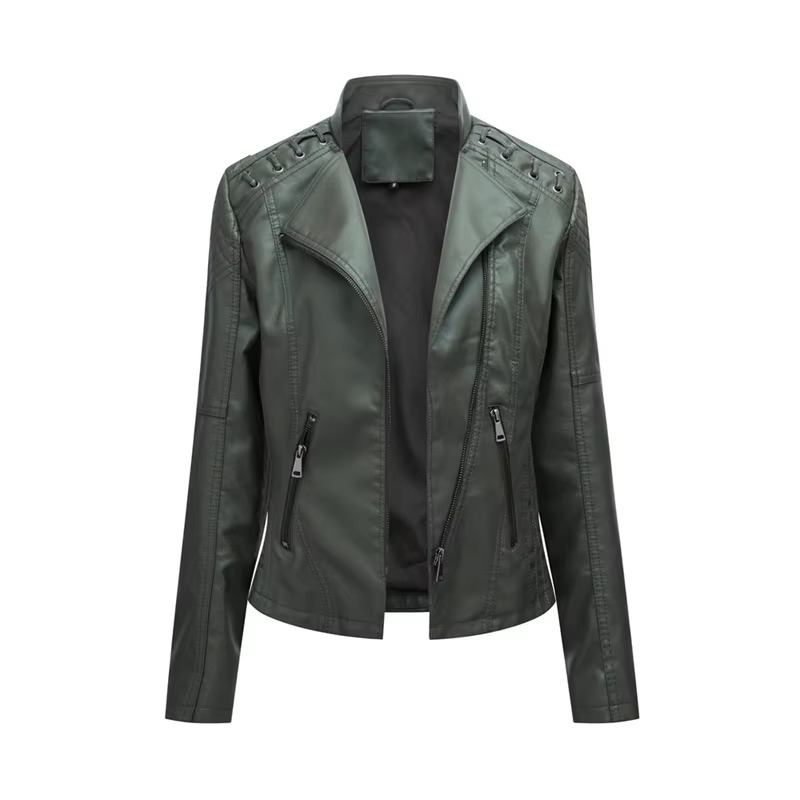 Veste Moto Femme En PU Cuir Court Slim Avec Fermeture Éclair Polyvalente 12 Couleurs