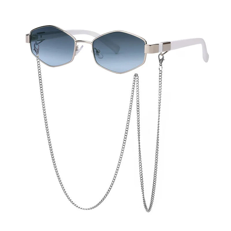 Lunettes de Soleil Vianò Hexagonales en Métal Léger avec Chaîne Dorée et Protection UV400