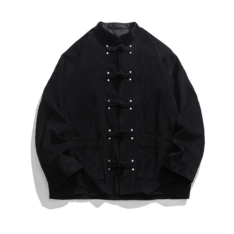 Manteau Imperial En Velours Côtelé Avec Fermeture Grenouille Brodée Et Coupe Oversize Élégante Pour Hiver