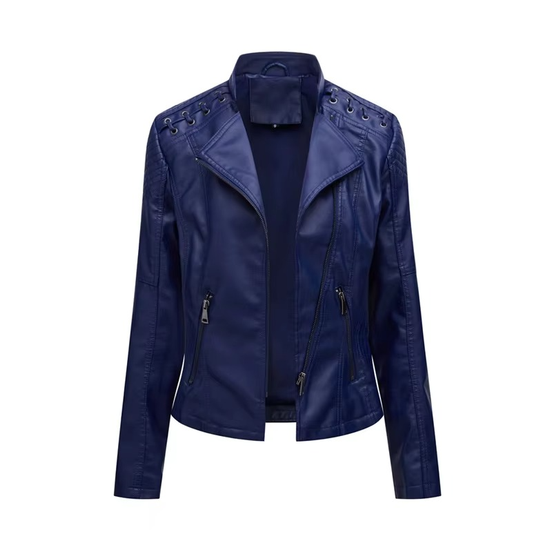 Veste Moto Femme En PU Cuir Court Slim Avec Fermeture Éclair Polyvalente 12 Couleurs
