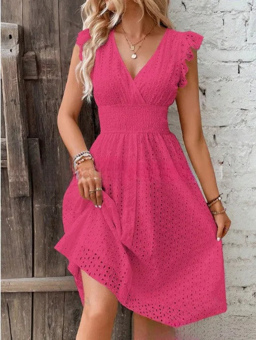 Amawinc Lily Robe d'Été à Encolure V Confortable et Légère Détail Ajouré Élégant Décontractée