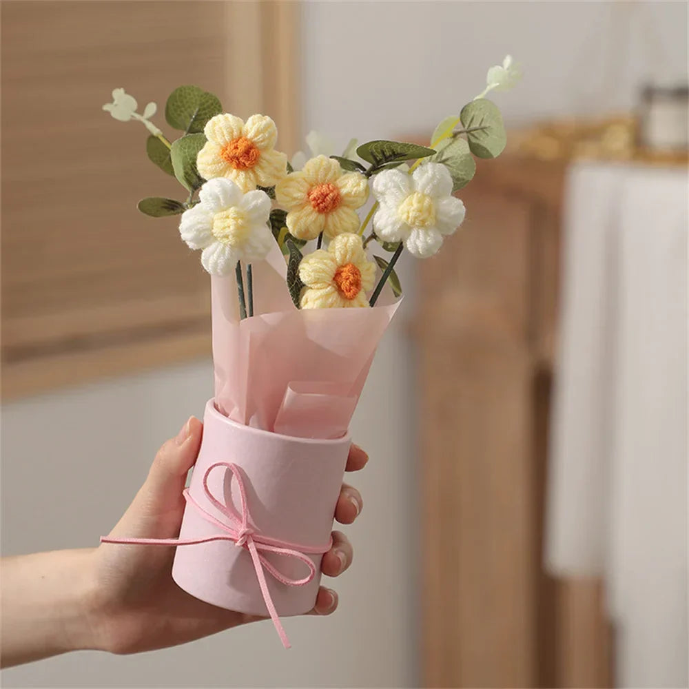 Bouquet De Fleurs Tricotées Velmora Fait Main Déco Cadeau Texture Ultra Douce Et Pelucheux