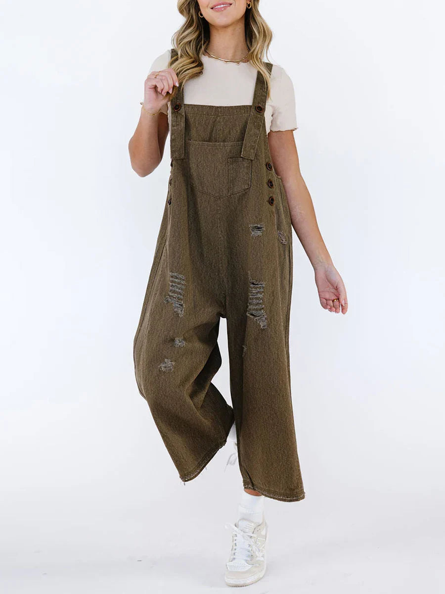 Salopette Denim Délavé Hazel Avec Bretelles Ajustables Et Poches Fonctionnelles À Jambes Larges