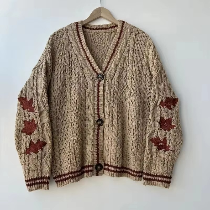 Amawinc Cardigan En Maille Automne Rouge Avec Broderie Feuille Érable Pour Femmes Modernes Confortables Et Élégantes