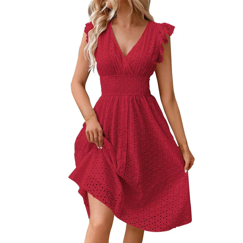 Amawinc Lily Robe d'Été à Encolure V Confortable et Légère Détail Ajouré Élégant Décontractée