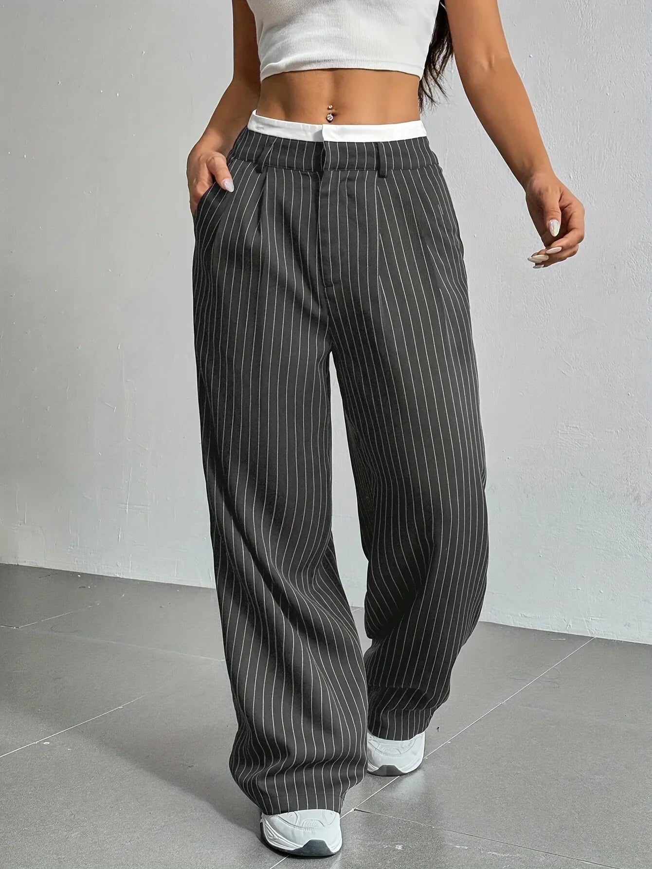 Amawinc Pantalon Taille Haute À Rayures Pinstripe Élégant Confortable Pour Bureau et Dîner