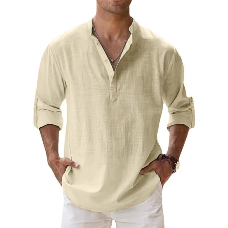 Chemise Henley Légère En Coton Lin Pour Homme Manches Longues Idéale Pour Été Vêtements De Plage Décontractés