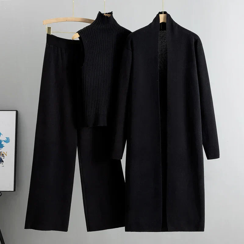 Ensemble Cardigan Trois Pièces Pour Femmes Jessica Pantalon À Jambe Large Et Haut Sans Manches Côtelé