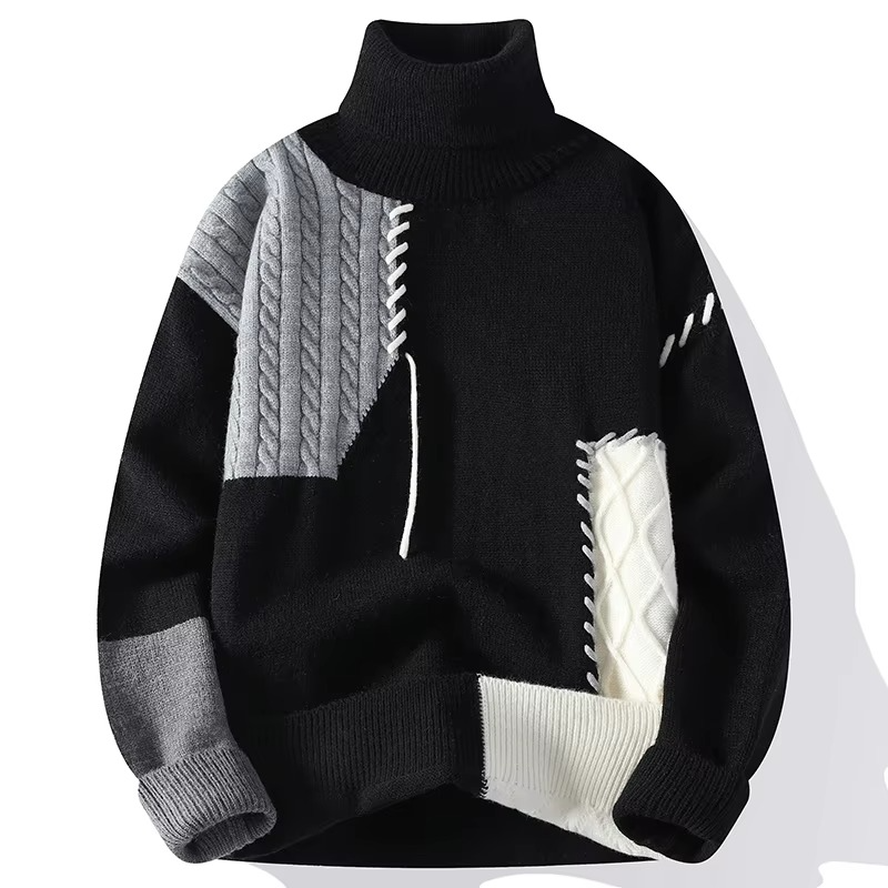 Pull Patchwork En Maille À Col Roulé Chaud Pour Automne Et Hiver Décontracté Et Agréable À Porter