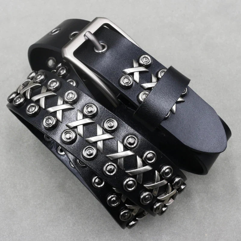 Amawinc Ceinture en Cuir Cloutée pour Homme avec Boucle Ajustable et Clous Crâne Argentés