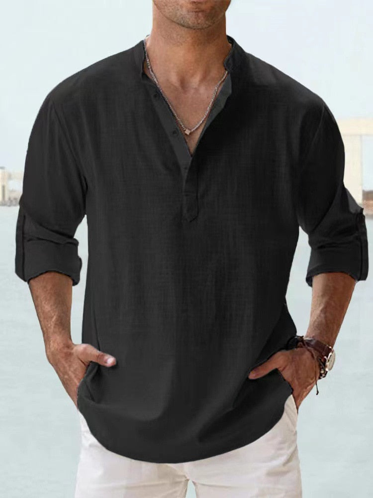 Chemise Homme Décontractée À Col Mao Manches Longues En Tissu Léger Durable Et Écoresponsable