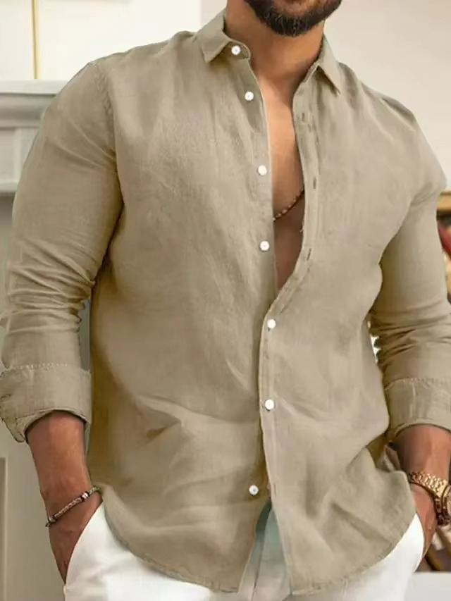 Chemise Homme Slim Fit En Coton Lin À Manches Longues Rose Confort Quotidien Style Décontracté Chic