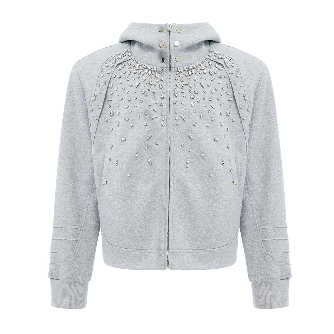 Sweat À Capuche Diamant Orné De Strass Coupe Décontractée Zip Matière Coton Polyester