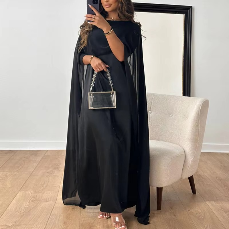 Robe Longue En Chiffon Élégante Pour Soirée Avec Manches Châle Fluides Et Drapé Confortable Amawinc
