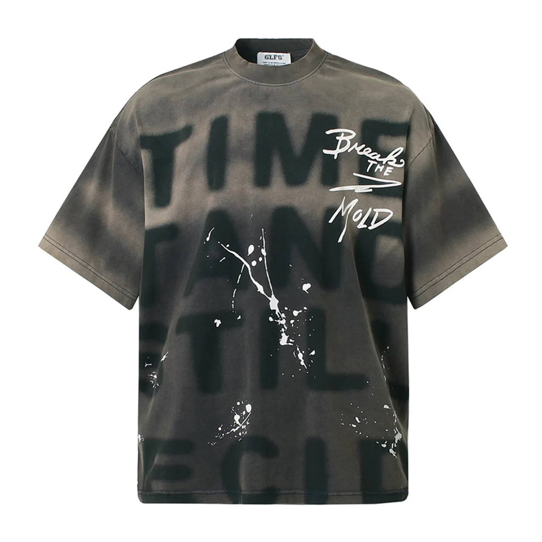 T Shirt Imprimé Graphique Time Stand Still En Coton Coupe Loose Teinté Garment Dyed Lavage Doux Pré Rétréci