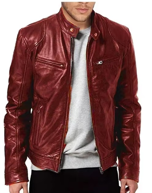Veste Cuir PU Slim Fit Pour Homme Avec Col Debout Résistante Au Vent Style Moto Et Ville