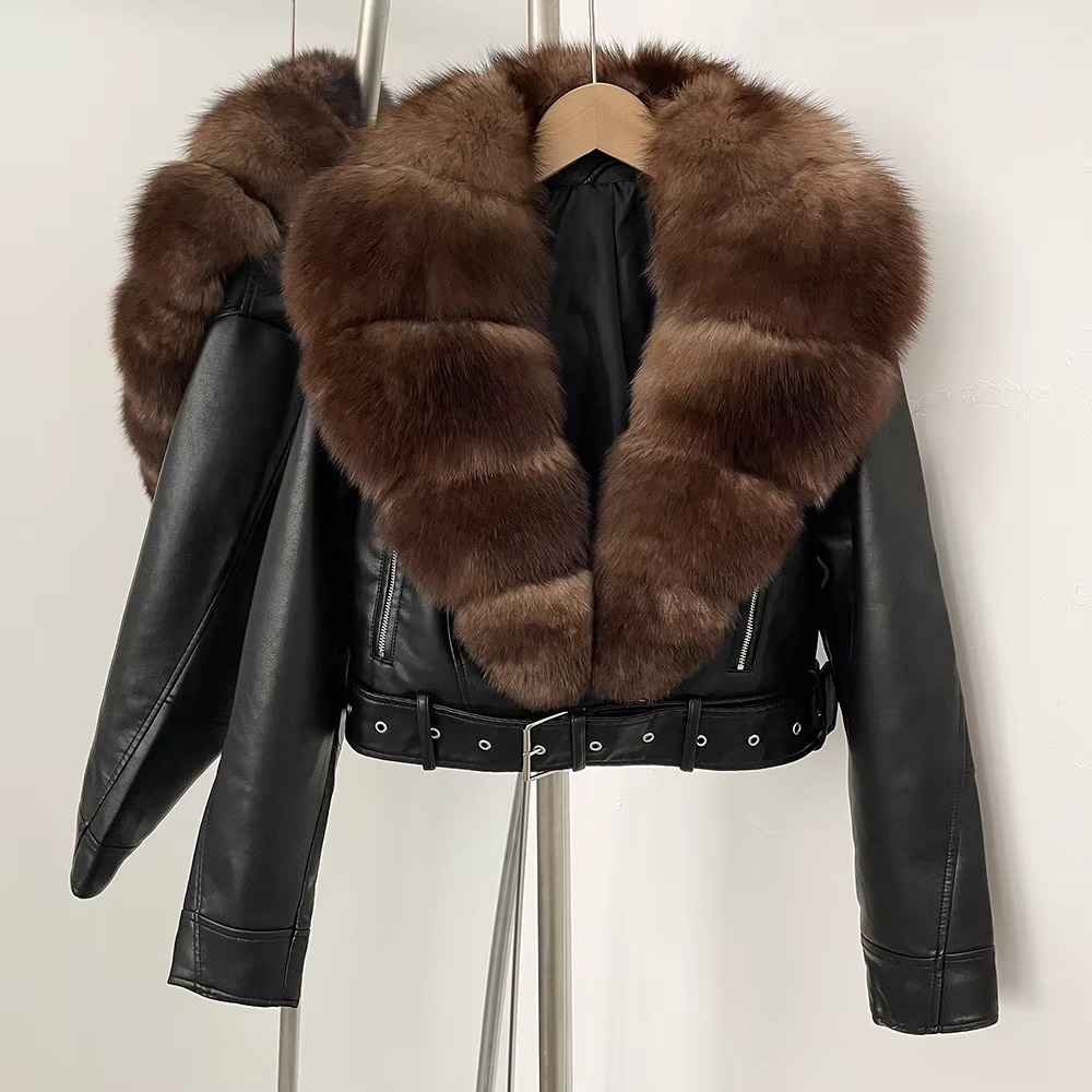 Manteau Femme en Cuir Synthétique avec Col en Fourrure Fausse Élégante Chaleur pour la Saison Froide
