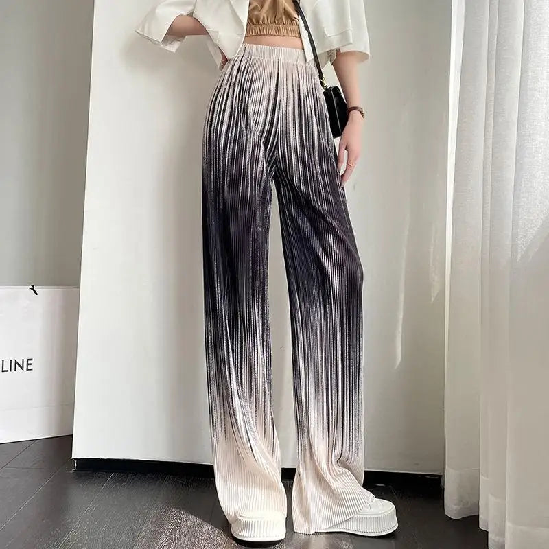 Pantalon Ombré Fade À Plis Micro Taille Haute Cintrée Et Coupe Large Décontractée Style Streetwear