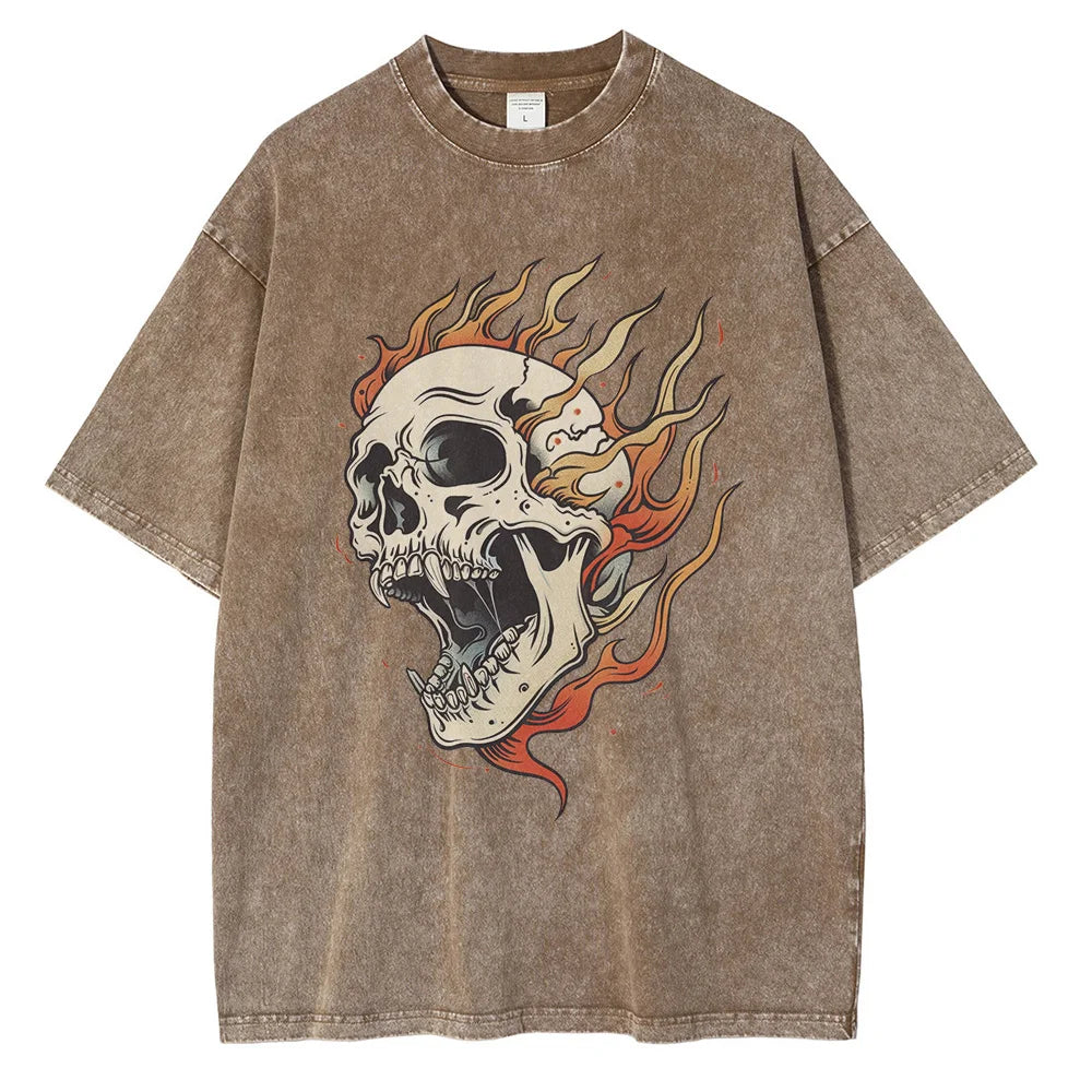 Amawinc Tee Shirt Crâne Enflammé Acid Wash Oversize Poids Lourds Graphique Flamme En Coton 100 Pourcent