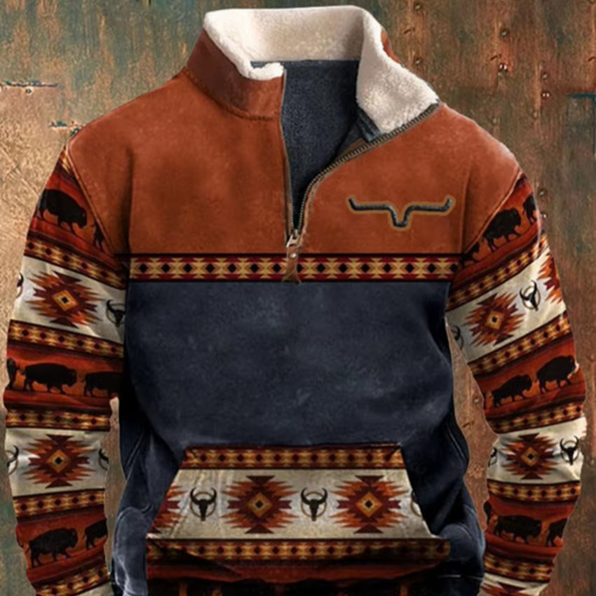 Veste à Capuche Rétro Imprimée 3D pour Hommes avec Col en Cuir et Fermeture Éclair pour Temps Froids