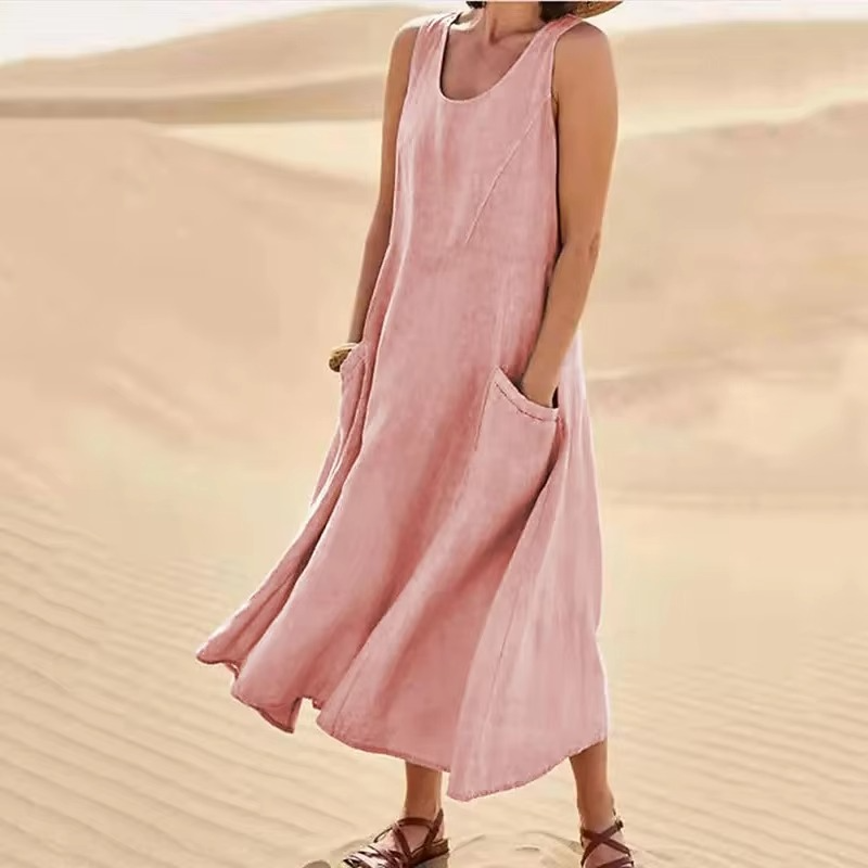 Robe Maxi Sans Manches En Coton Lin Avec Poches Pour La Plage, Coupe Décontractée, Tailles S À 5XL Amawinc