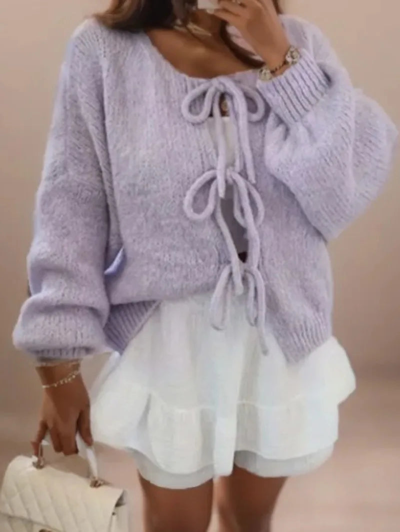 Jasmine Cardigan Tricoté Épais Hivernal Pour Femme Avec Nœud Devant Confortables