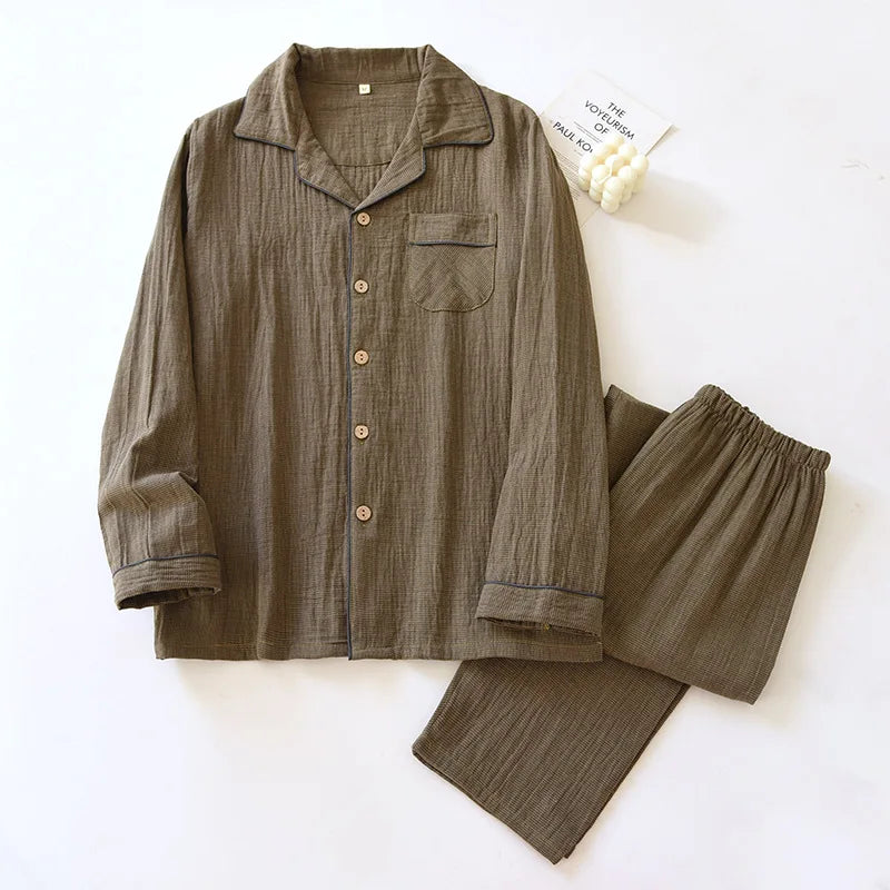 Pyjama Deux Pièces Ora En Mousseline De Coton Doux Oversize Manches Longues Et Jambes Longues Motif Carreaux Subtil Chaud